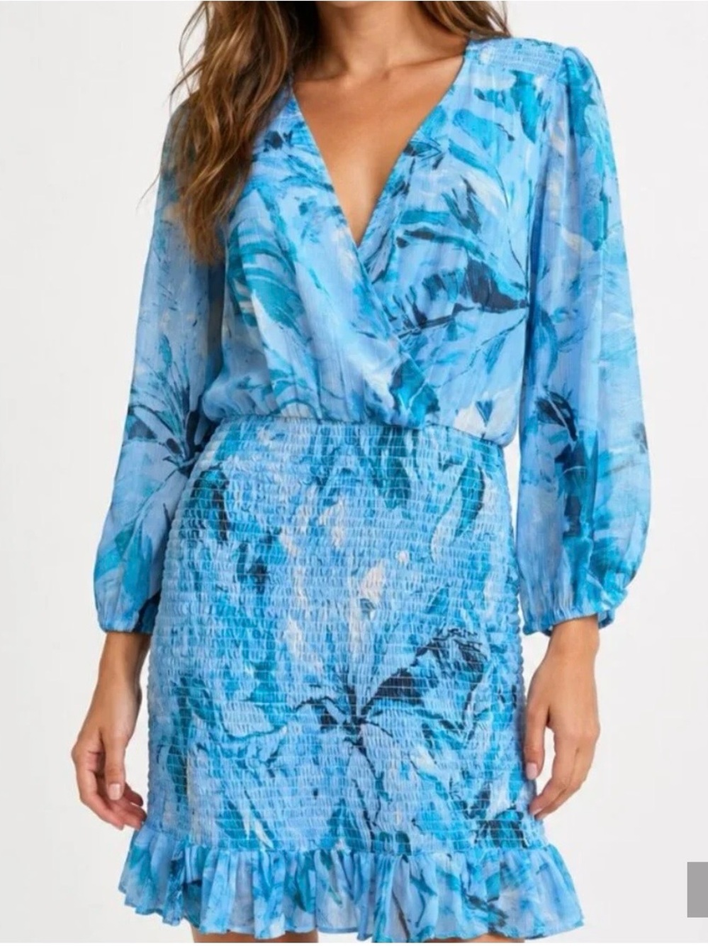 BCBG Aqua Blue Floral Long Sleeve Smocked Mini Dress